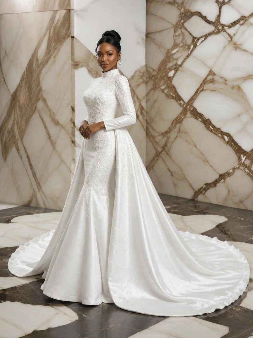 High Neck Long Sleeve Mermaid Wedding Gown with Detachable Cathedral Overskirt