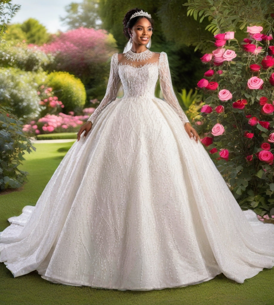 Crystal High Neck Ball Gown – Plus Size Wedding Dress with Long Sleeves & Cathedral Train