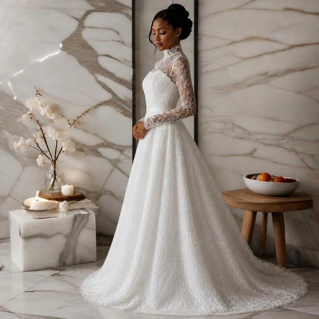 Long Sleeve Lace A-Line Wedding Gown with High Neck