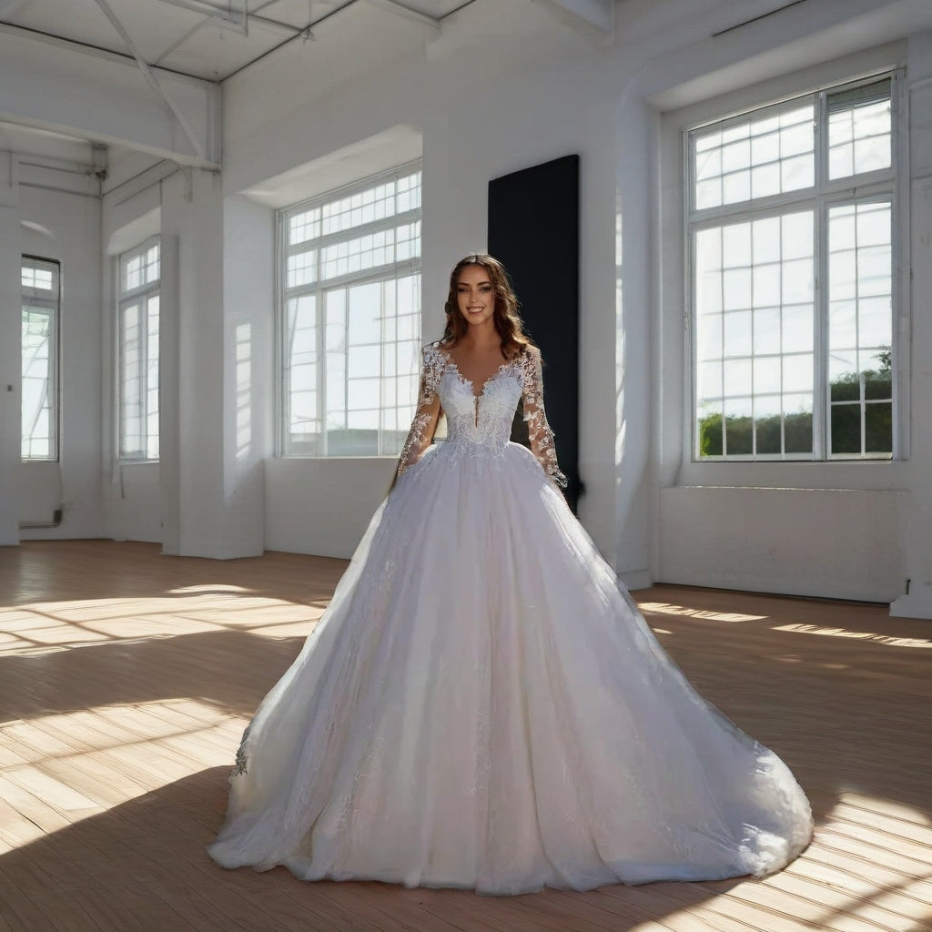 Sheer Lace Long Sleeve Ball Gown Plus Size Wedding Dress