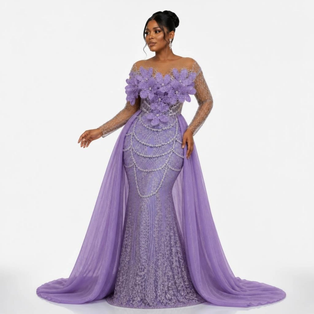 Lavender 3D Floral Beaded Lace Mermaid Evening Gown with Detachable Cape Train