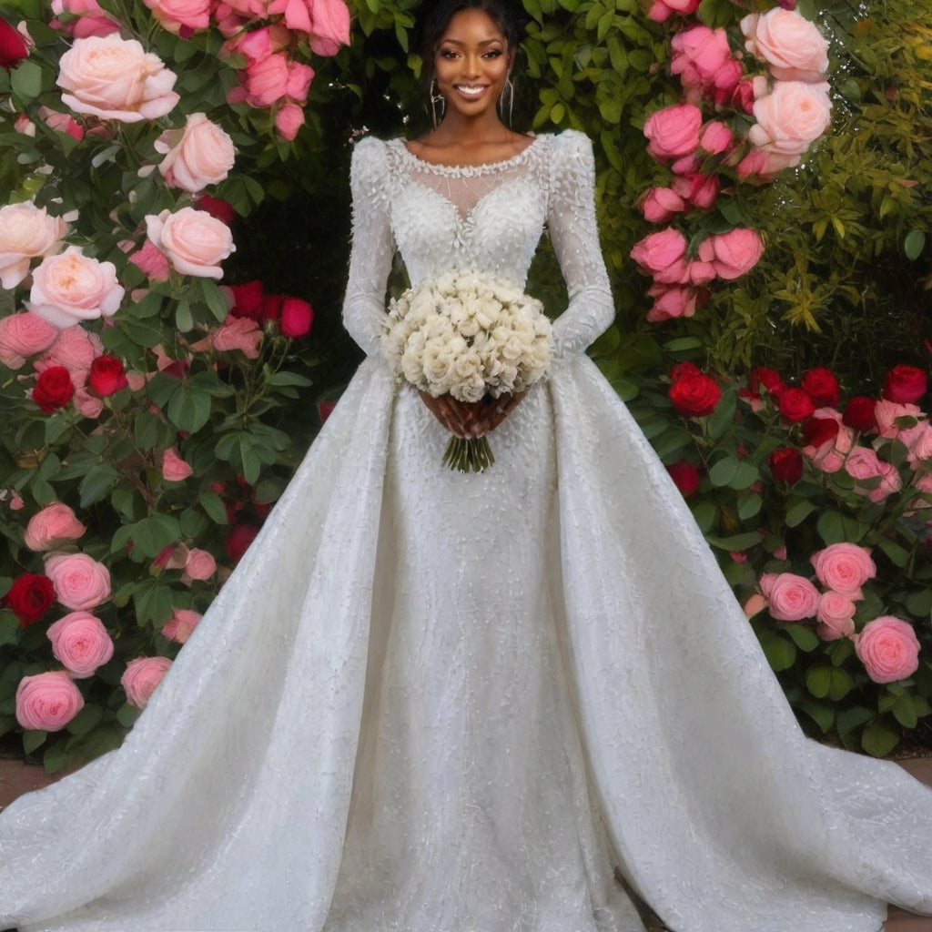 Luxury Pearl Beaded White Sheath Ball Gown Vintage Royal Wedding Dress