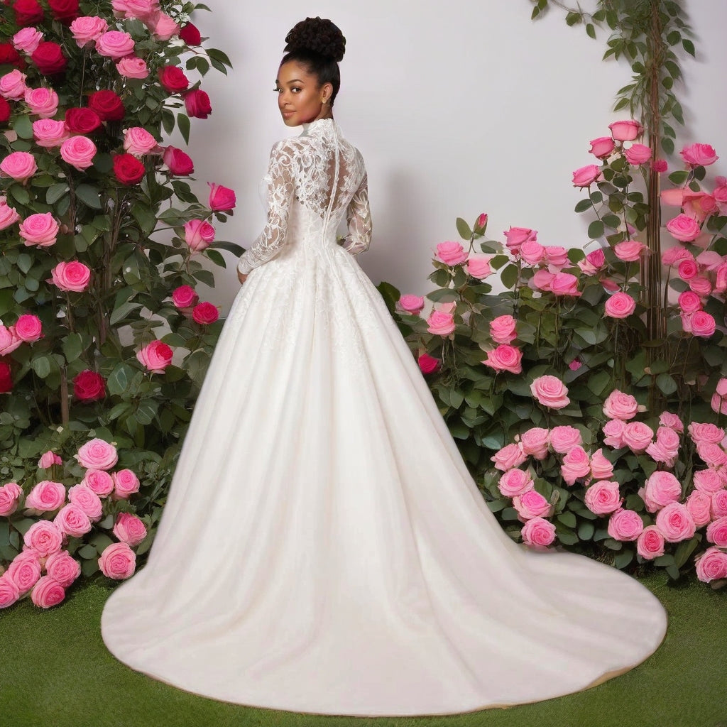 High Neck Lace Long Sleeve Plus Size Wedding Gown with Detachable lace Train