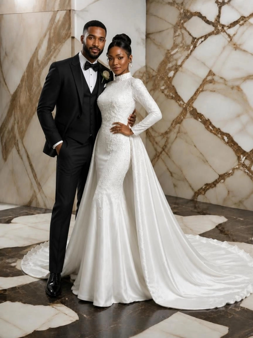 High Neck Long Sleeve Mermaid Wedding Gown with Detachable Cathedral Overskirt