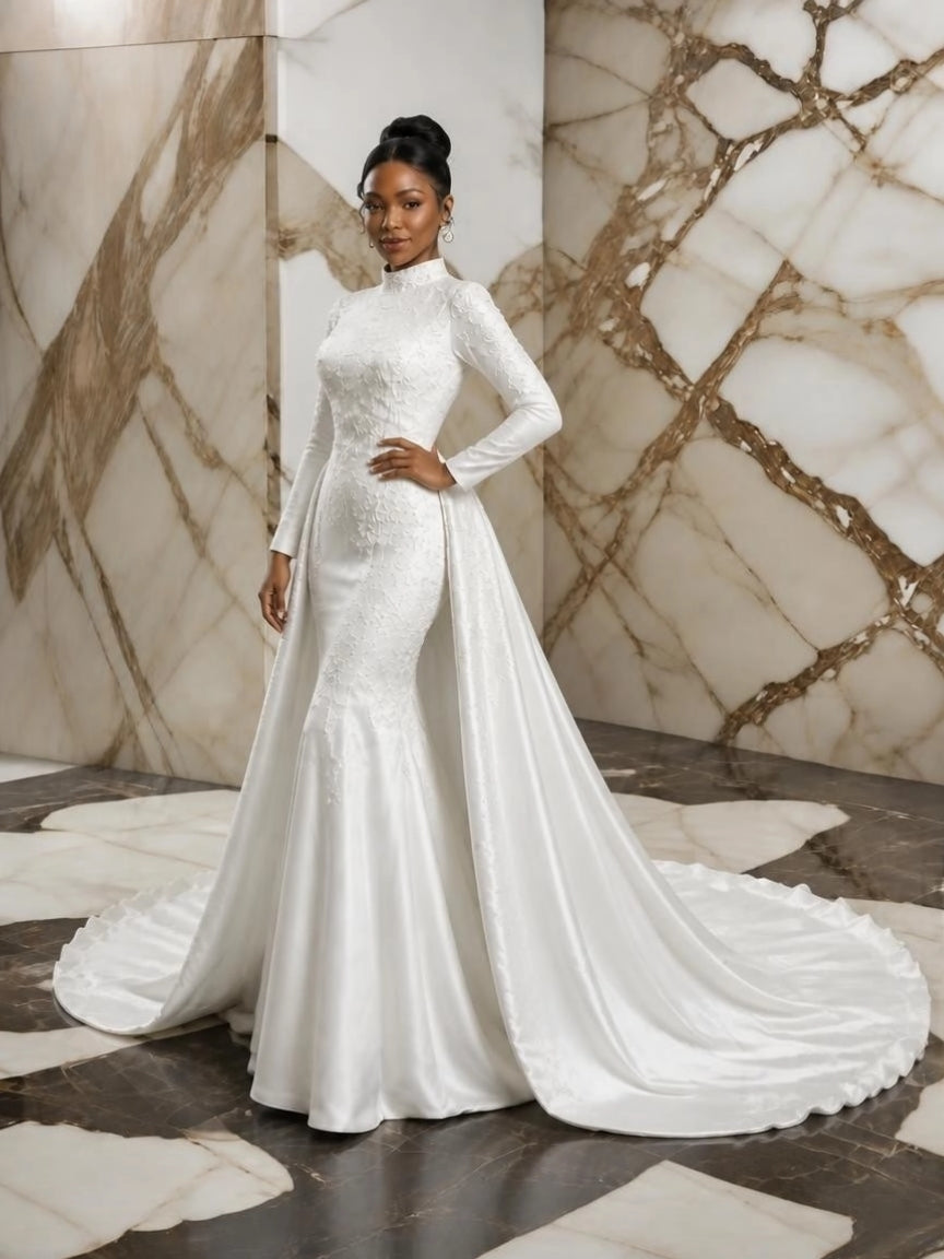 High Neck Long Sleeve Mermaid Wedding Gown with Detachable Cathedral Overskirt