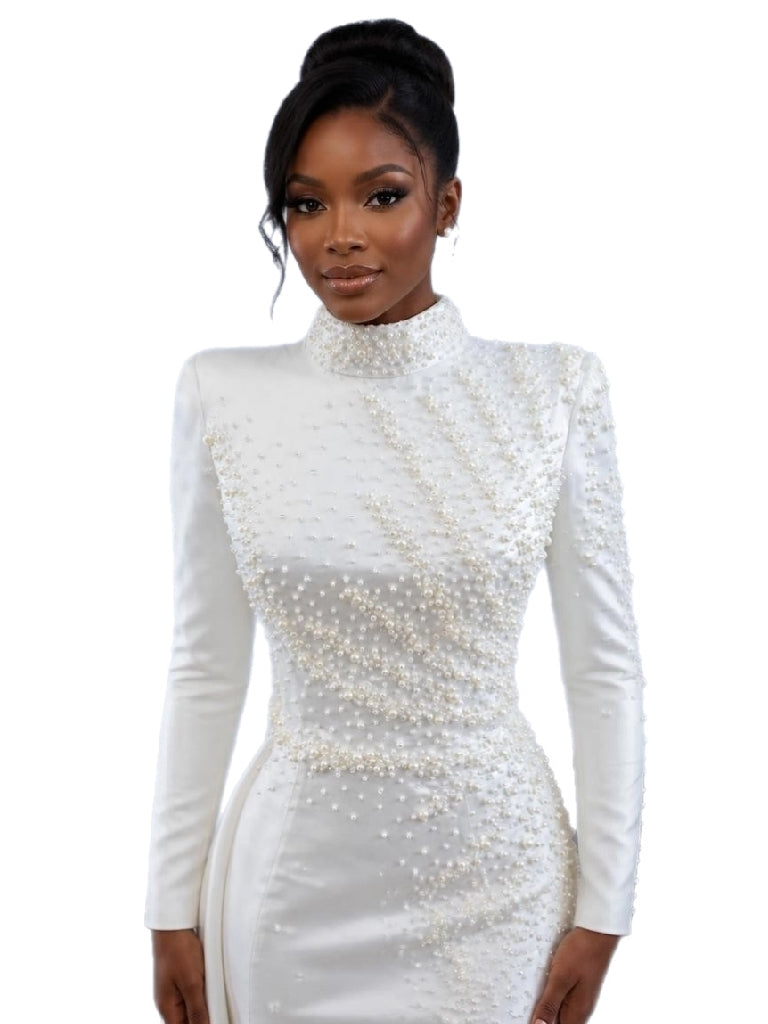 High Neck Long Sleeve Mermaid Wedding Gown with Detachable Cathedral Overskirt