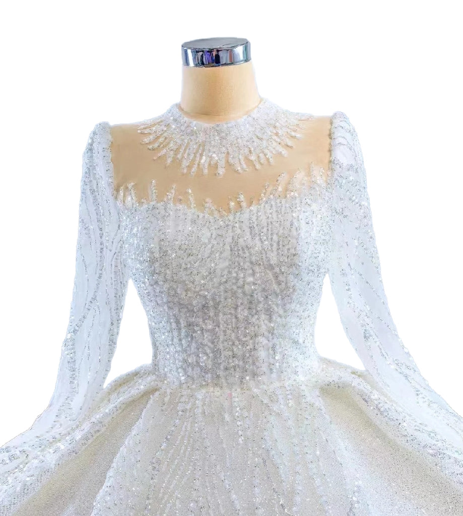 Crystal High Neck Ball Gown – Plus Size Wedding Dress with Long Sleeves & Cathedral Train