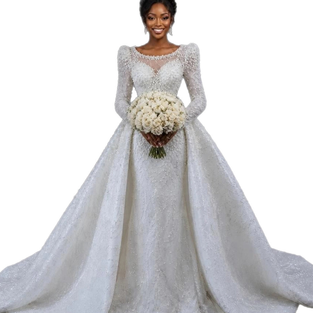Luxury Pearl Beaded White Sheath Ball Gown Vintage Royal Wedding Dress