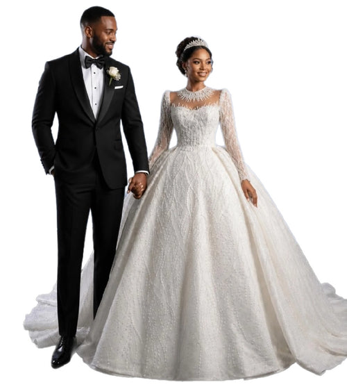 Crystal High Neck Ball Gown – Plus Size Wedding Dress with Long Sleeves & Cathedral Train