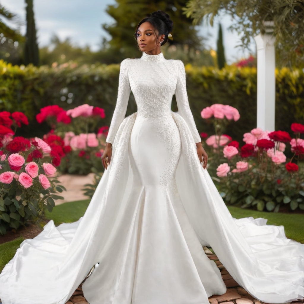 High Neck Long Sleeve Mermaid Wedding Gown with Detachable Cathedral Overskirt