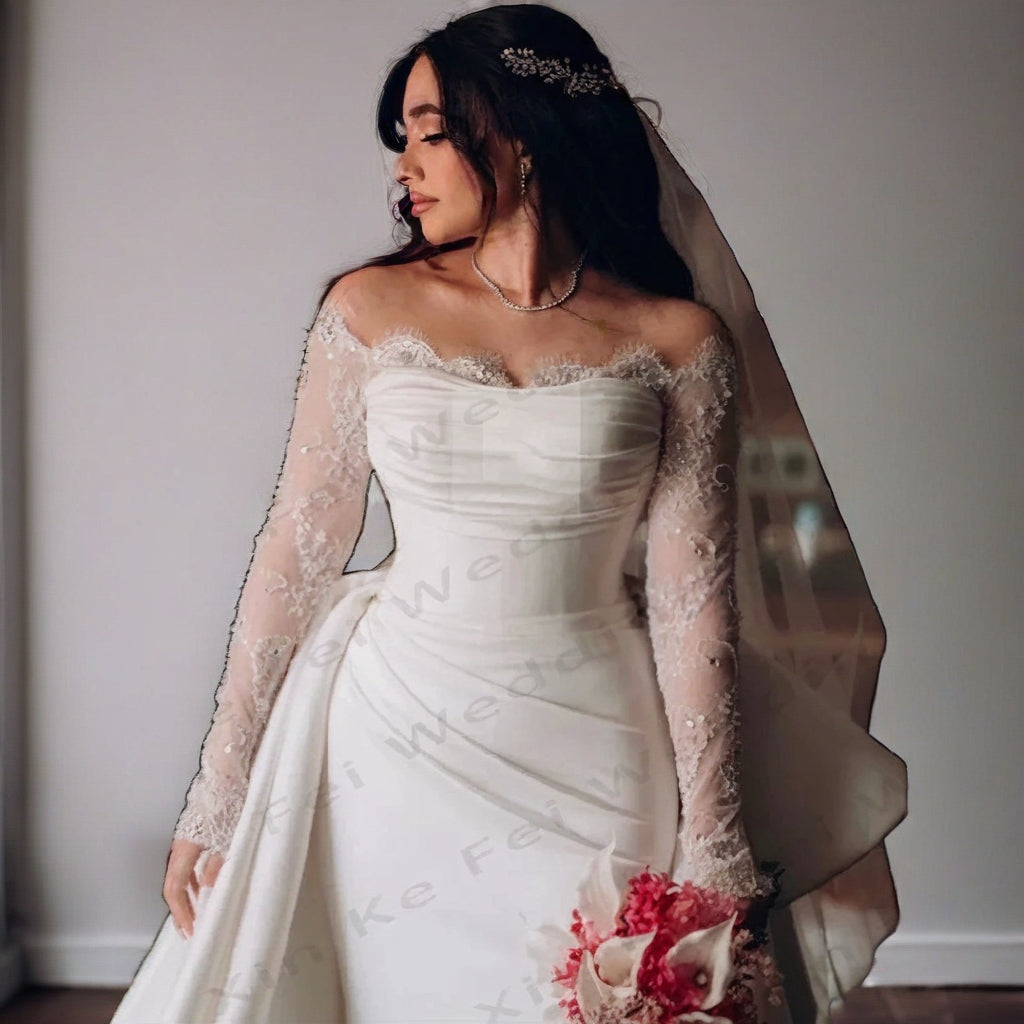 Off-Shoulder Mermaid Wedding Gown with Detachable Train | Lace Sleeves | Plus Size 2–26W