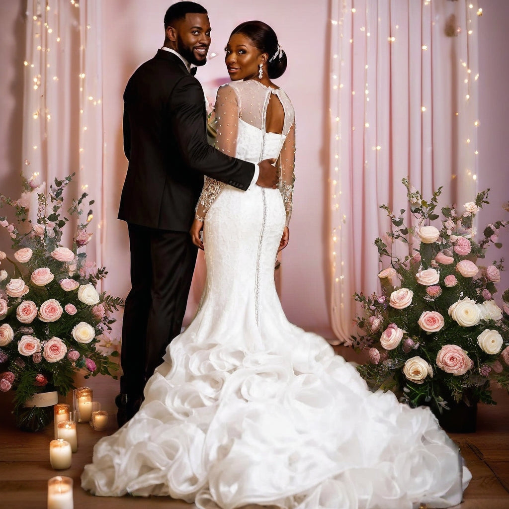 Lace Slim Fit Wedding Gown | Long Sleeve, Hollow Back, Lace-Up | Plus Size