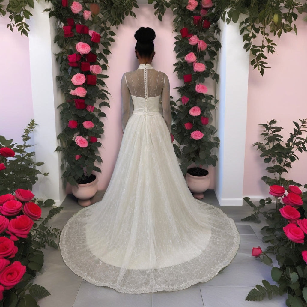 Long Sleeve Lace A-Line Wedding Gown with High Neck