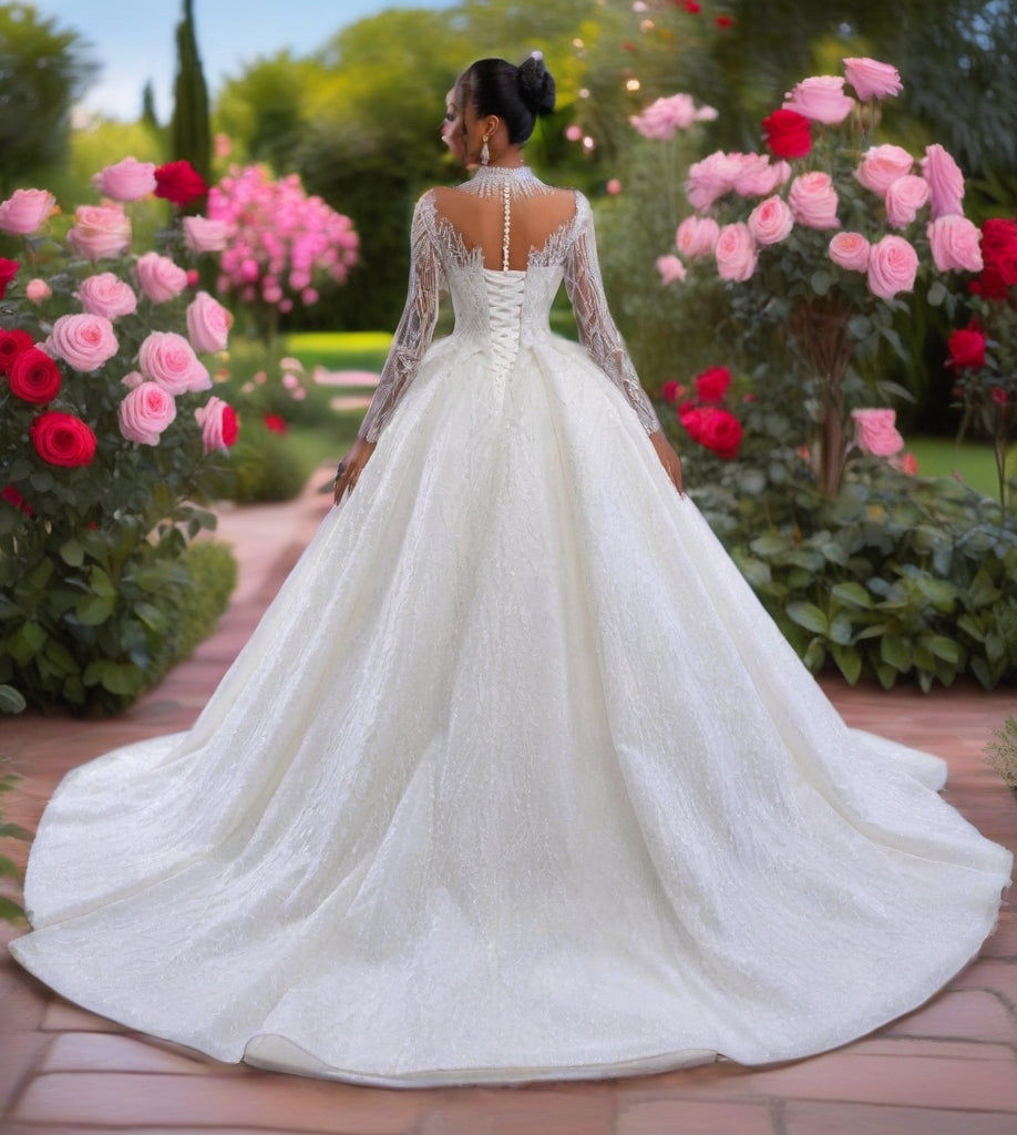 Crystal High Neck Ball Gown – Plus Size Wedding Dress with Long Sleeves & Cathedral Train