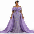 Lavender 3D Floral Beaded Lace Mermaid Evening Gown with Detachable Cape Train