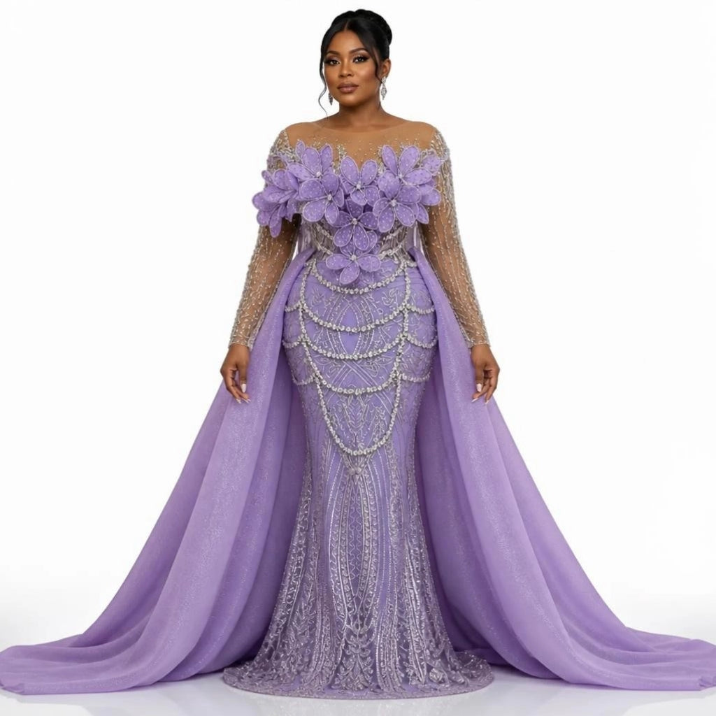 Lavender 3D Floral Beaded Lace Mermaid Evening Gown with Detachable Cape Train