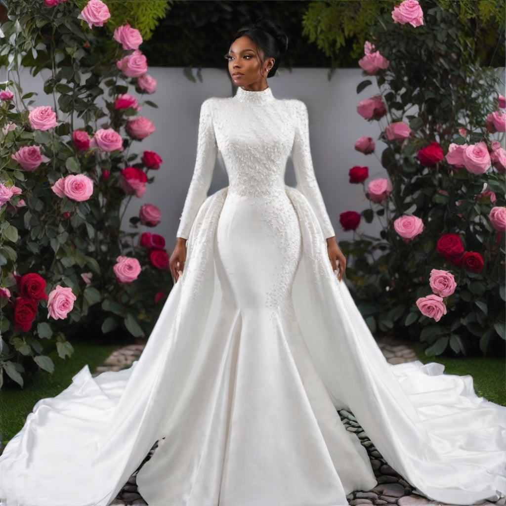 High Neck Long Sleeve Mermaid Wedding Gown with Detachable Cathedral Overskirt