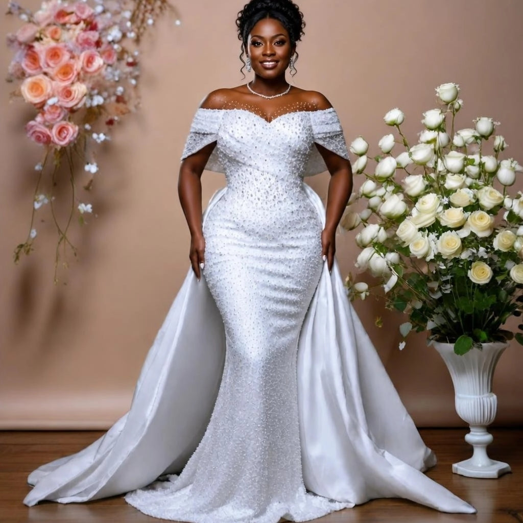 Off-Shoulder Plus Size Wedding Gown with Detachable Train