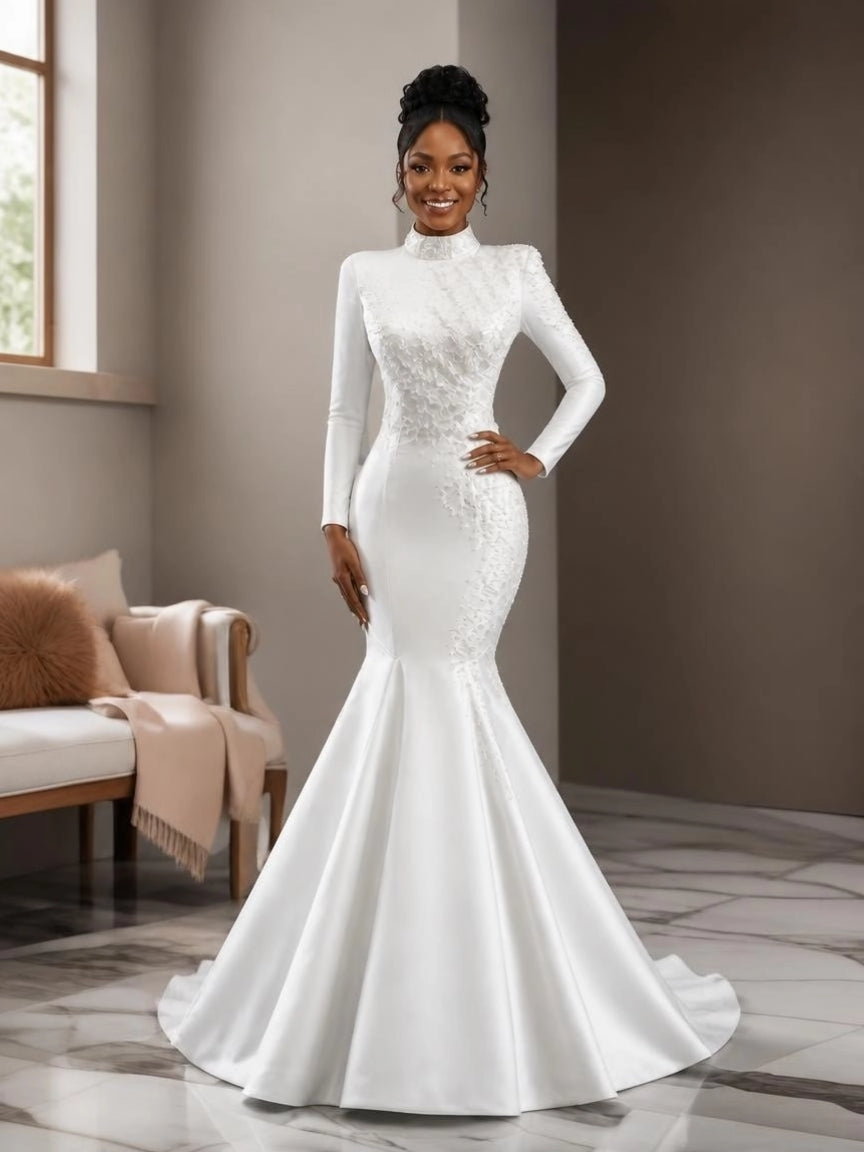 High Neck Long Sleeve Mermaid Wedding Gown with Detachable Cathedral Overskirt