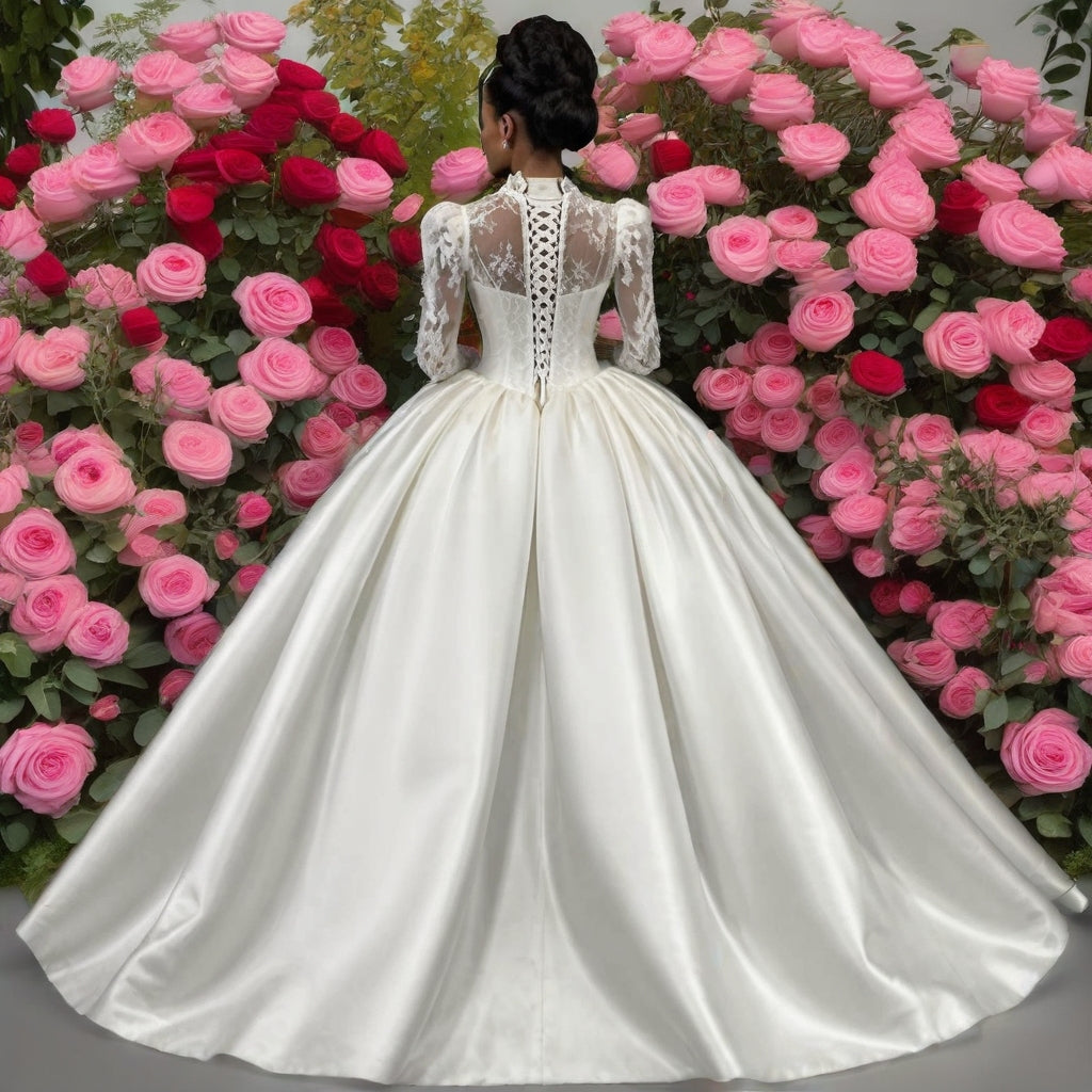 Lace & Satin Ball Gown Wedding Dress with Long Sleeves