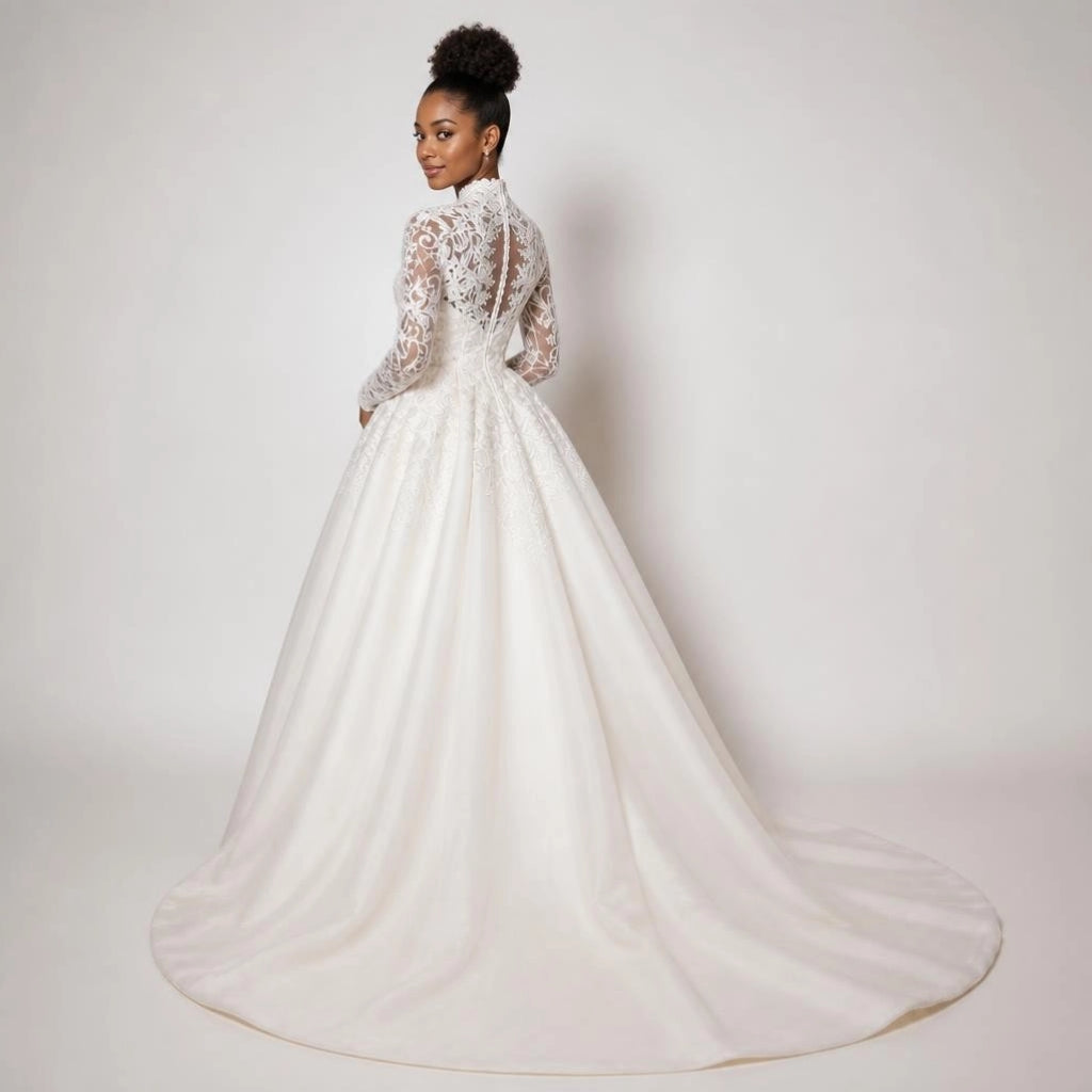 High Neck Lace Long Sleeve Plus Size Wedding Gown with Detachable lace Train
