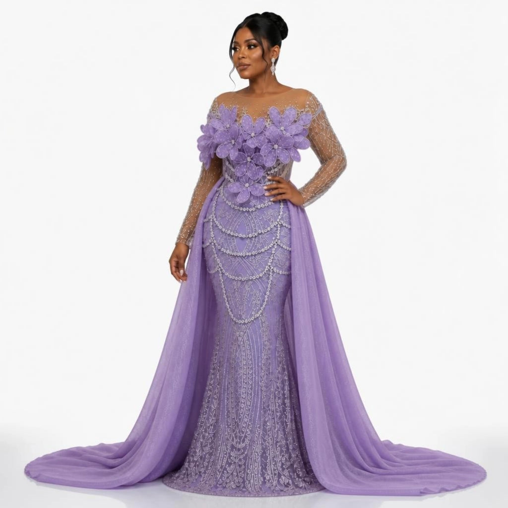 Lavender 3D Floral Beaded Lace Mermaid Evening Gown with Detachable Cape Train