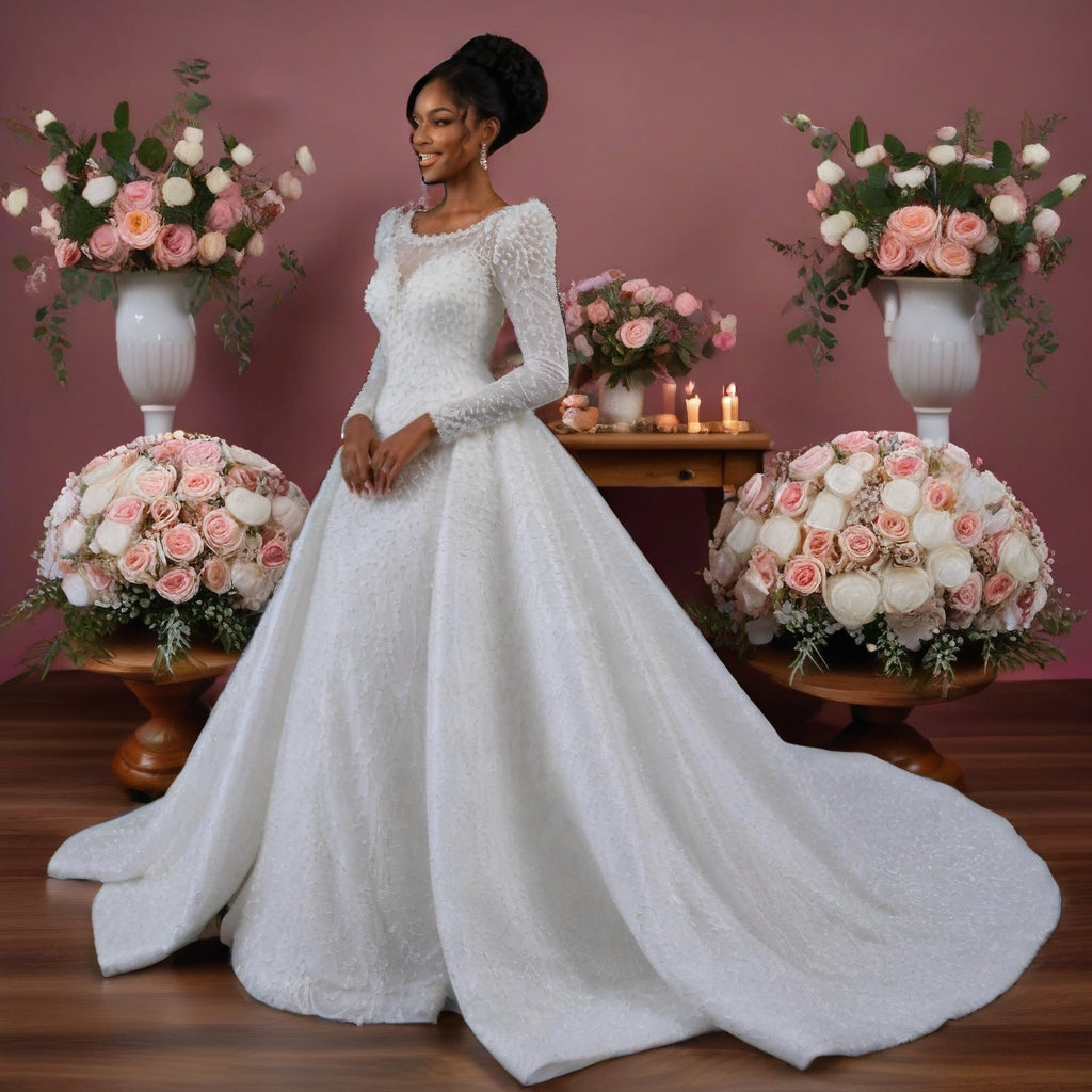Luxury Pearl Beaded White Sheath Ball Gown Vintage Royal Wedding Dress