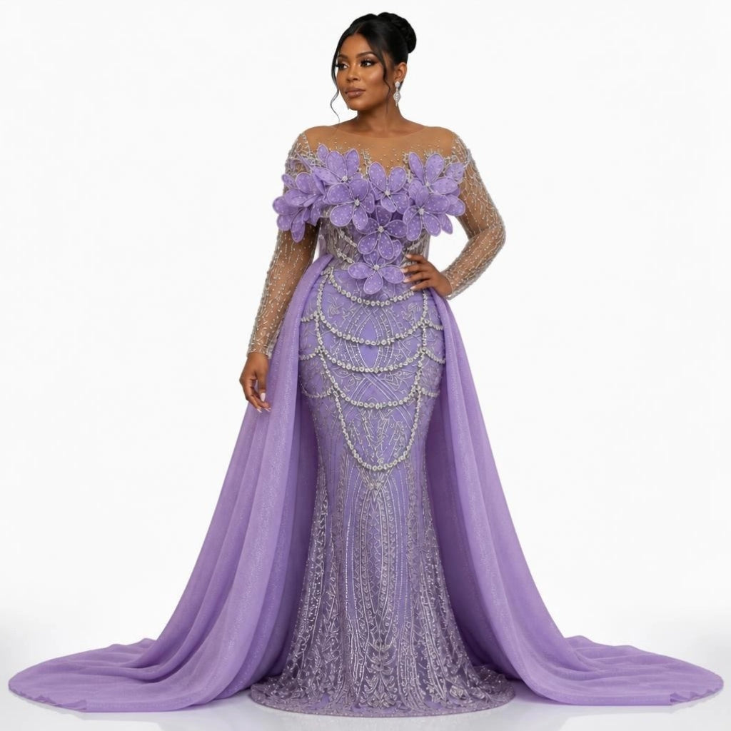 Lavender 3D Floral Beaded Lace Mermaid Evening Gown with Detachable Cape Train