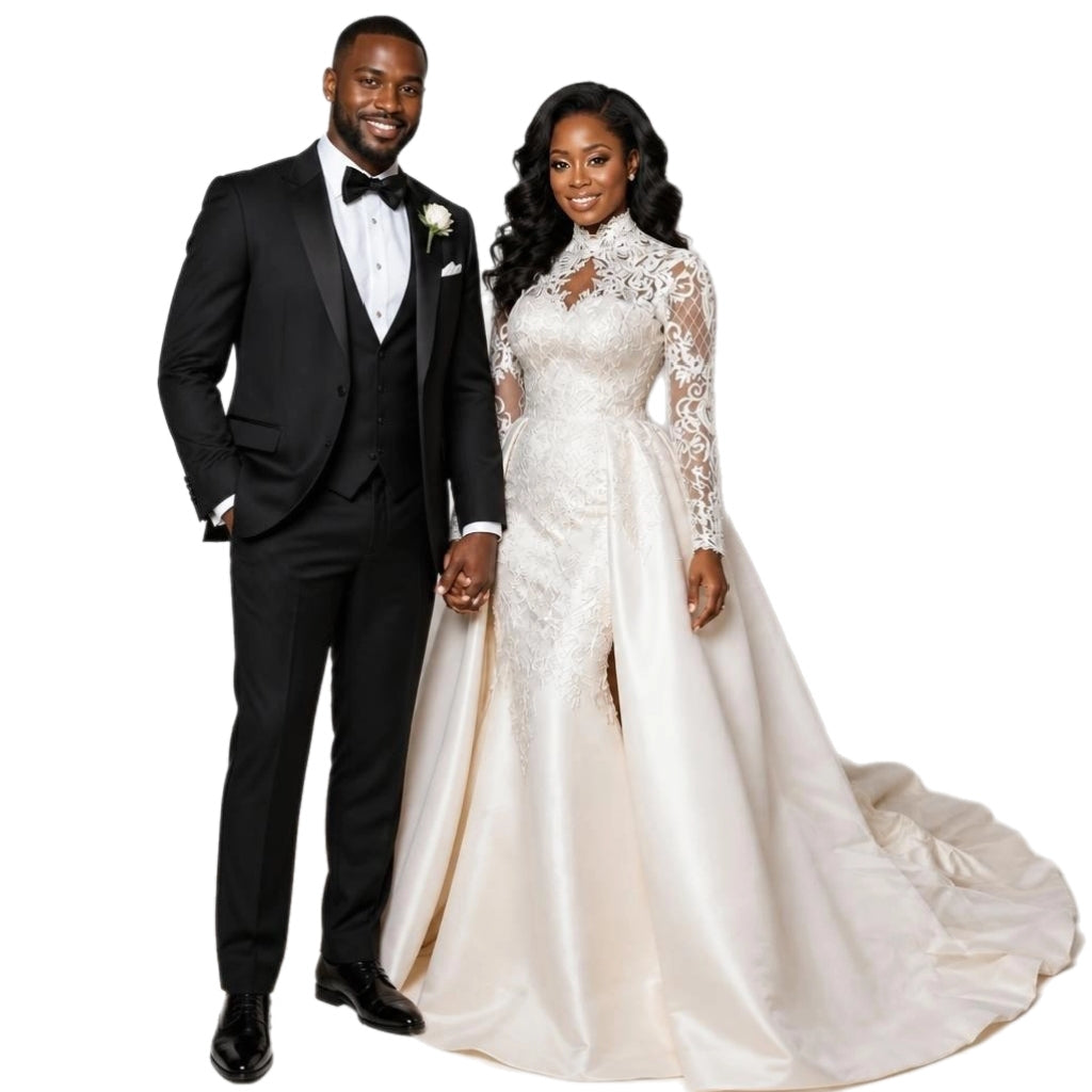 High Neck Lace Long Sleeve Plus Size Wedding Gown with Detachable lace Train