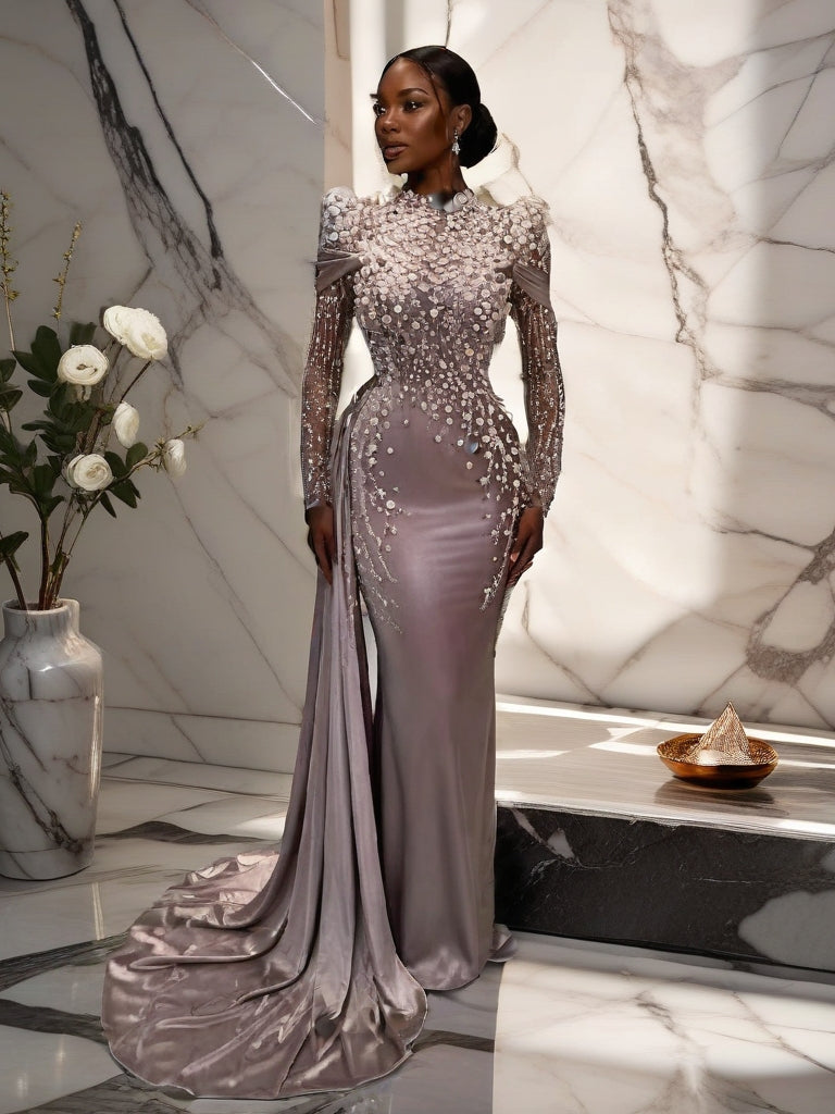 Made-to-Order Long Sleeve Embellished Gown with Train