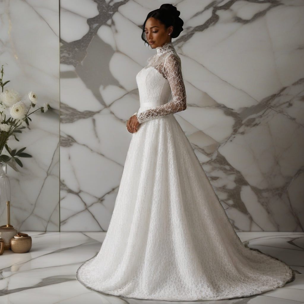 Long Sleeve Lace A-Line Wedding Gown with High Neck