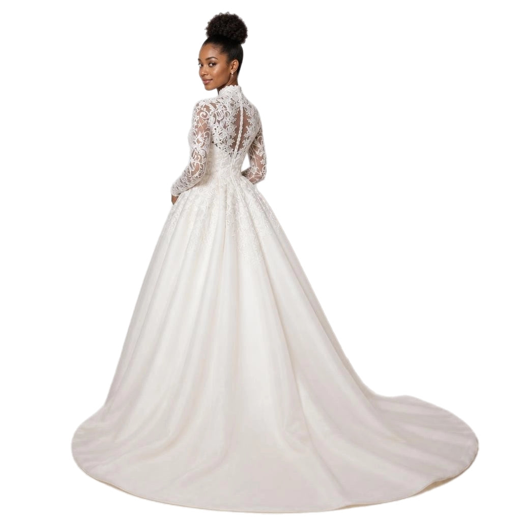 High Neck Lace Long Sleeve Plus Size Wedding Gown with Detachable lace Train