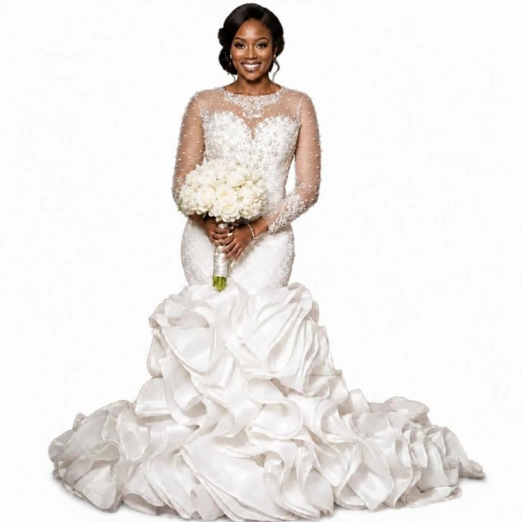 Lace Slim Fit Wedding Gown | Long Sleeve, Hollow Back, Lace-Up | Plus Size