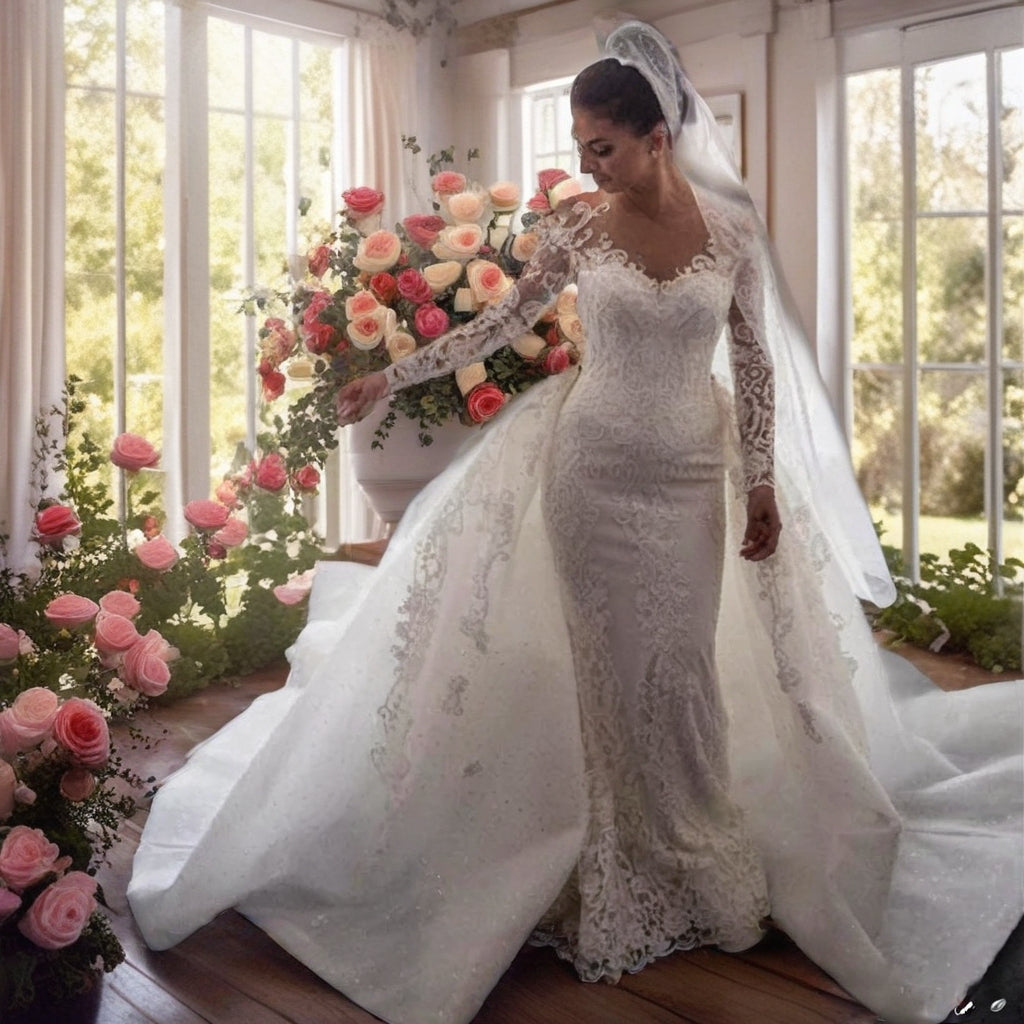 Long Sleeve Lace Ball Gown – Plus Size Wedding Dress with Cathedral Train