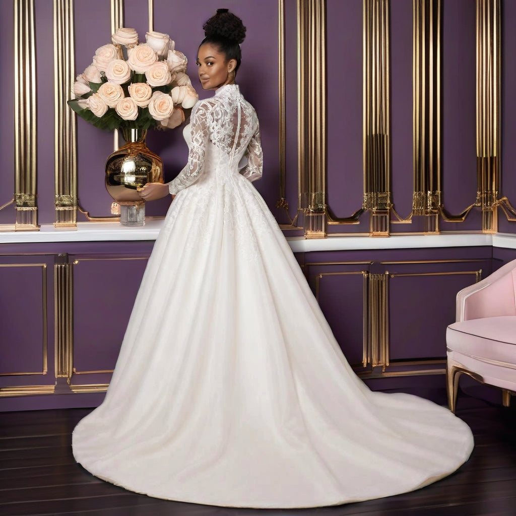 High Neck Lace Long Sleeve Plus Size Wedding Gown with Detachable lace Train