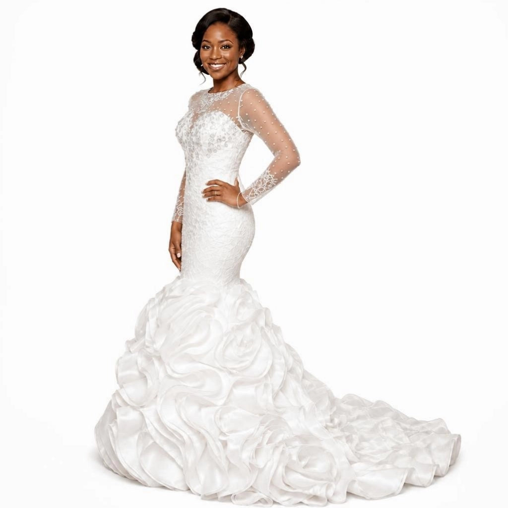 Lace Slim Fit Wedding Gown | Long Sleeve, Hollow Back, Lace-Up | Plus Size