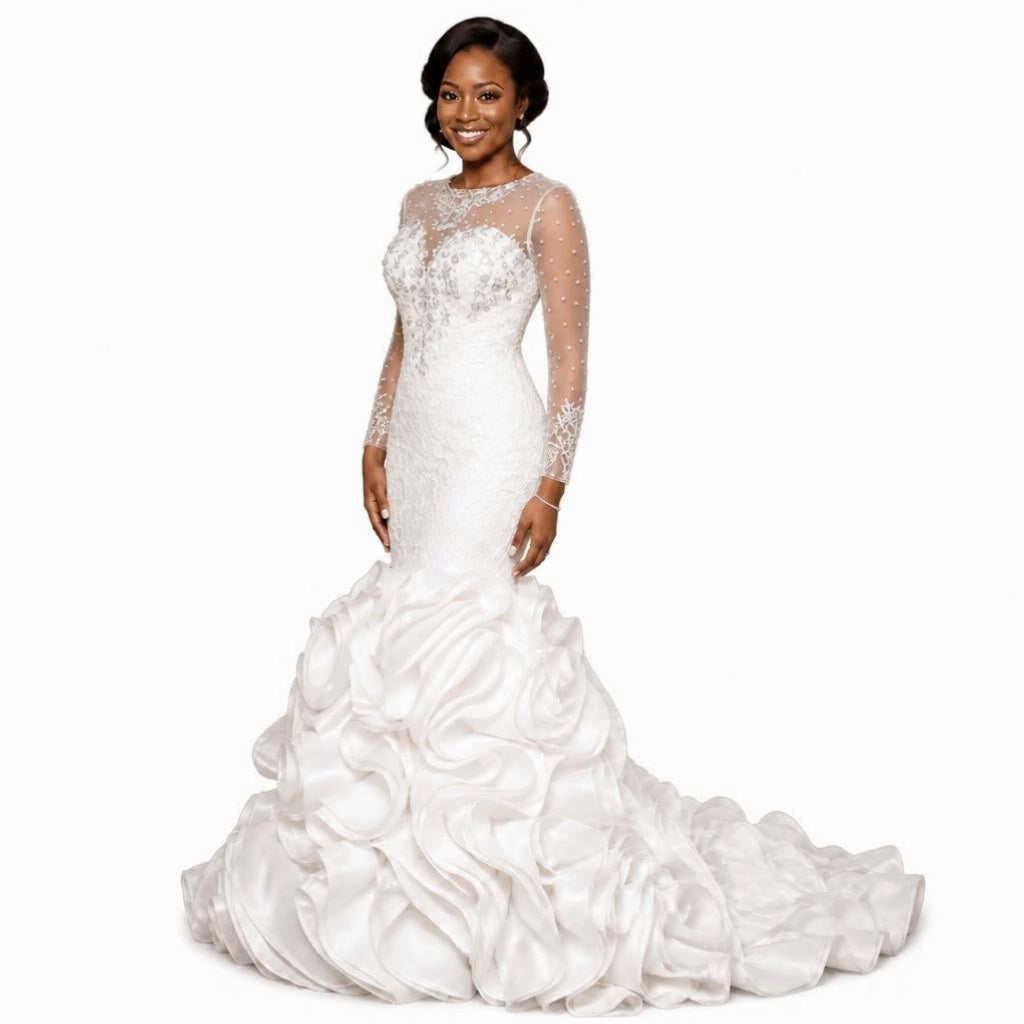 Lace Slim Fit Wedding Gown | Long Sleeve, Hollow Back, Lace-Up | Plus Size