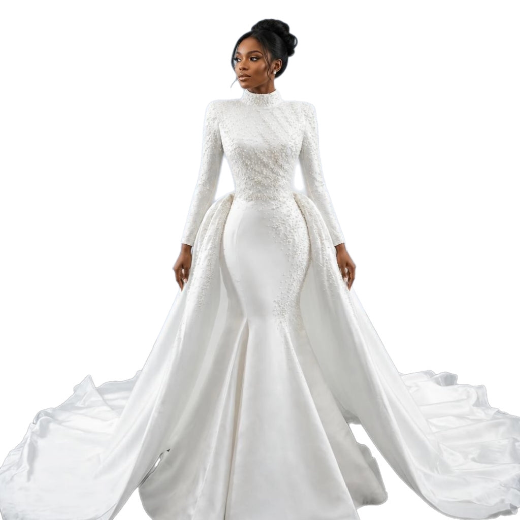 High Neck Long Sleeve Mermaid Wedding Gown with Detachable Cathedral Overskirt