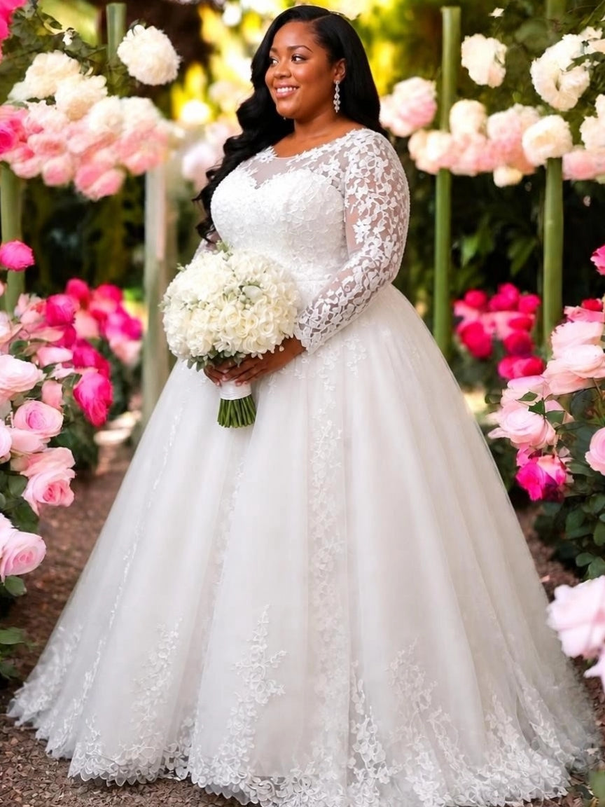 Elegant Plus Size long sleeves Wedding Gown