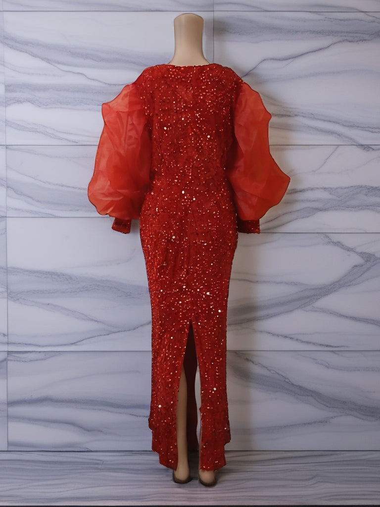Elegant Red Maxi Sequin Dress with Ruffled Sleeves