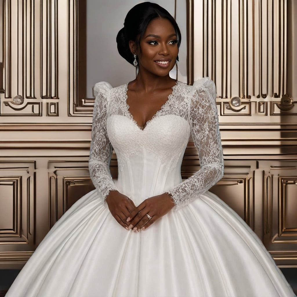 Lace & Satin Ball Gown Wedding Dress with Long Sleeves