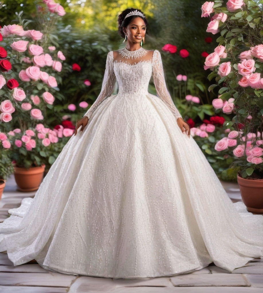 Crystal High Neck Ball Gown – Plus Size Wedding Dress with Long Sleeves & Cathedral Train