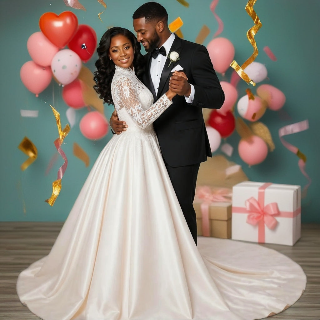 High Neck Lace Long Sleeve Plus Size Wedding Gown with Detachable lace Train