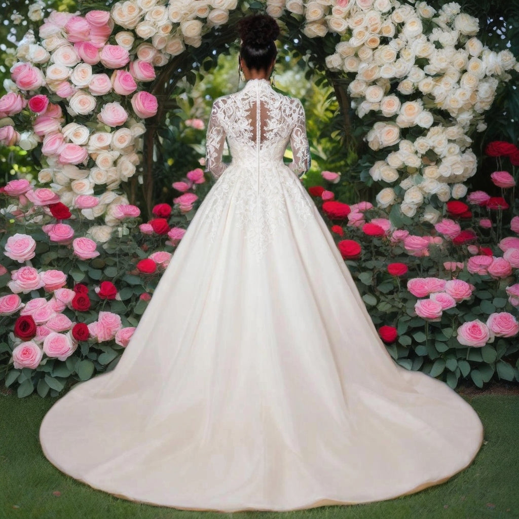 High Neck Lace Long Sleeve Plus Size Wedding Gown with Detachable lace Train