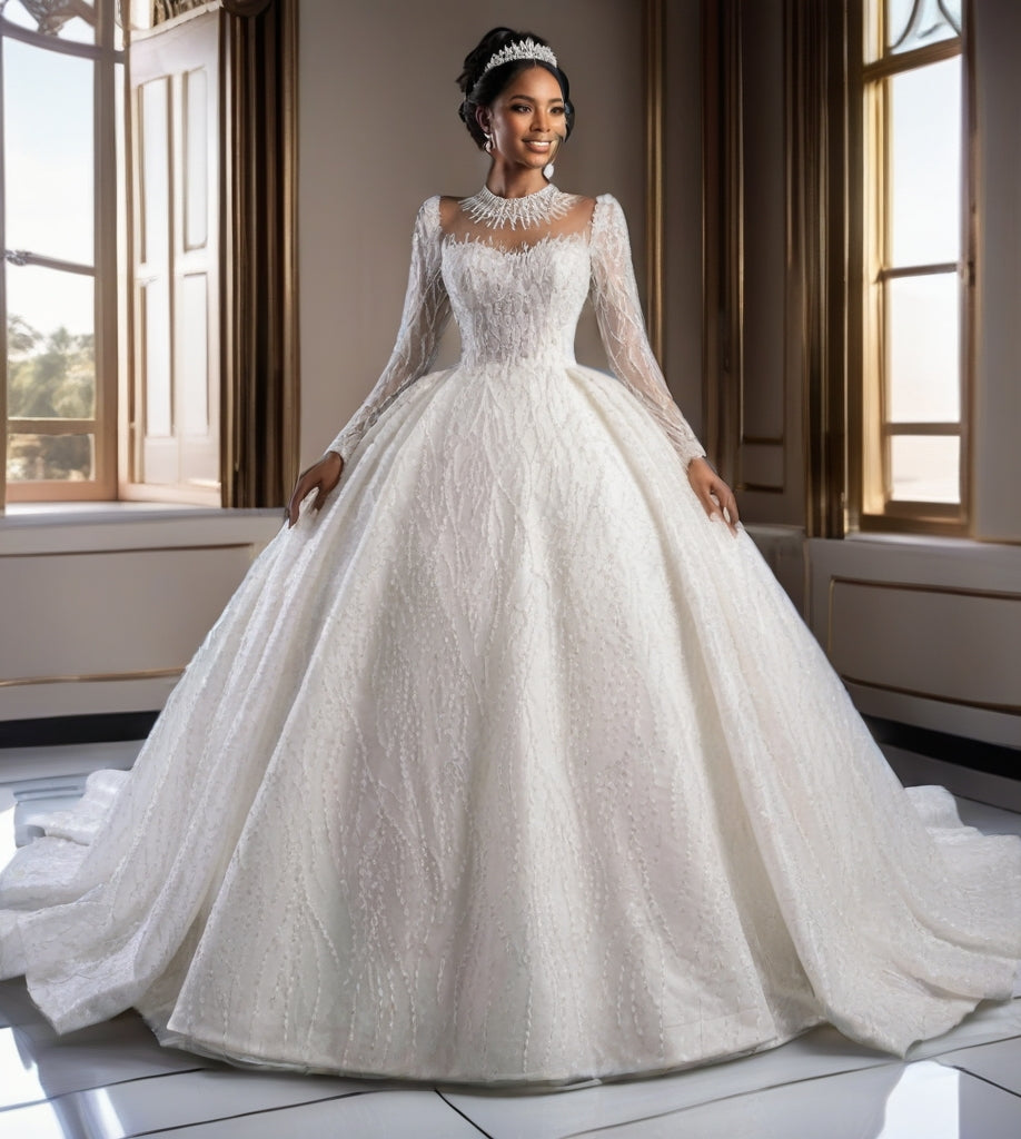 Crystal High Neck Ball Gown – Plus Size Wedding Dress with Long Sleeves & Cathedral Train