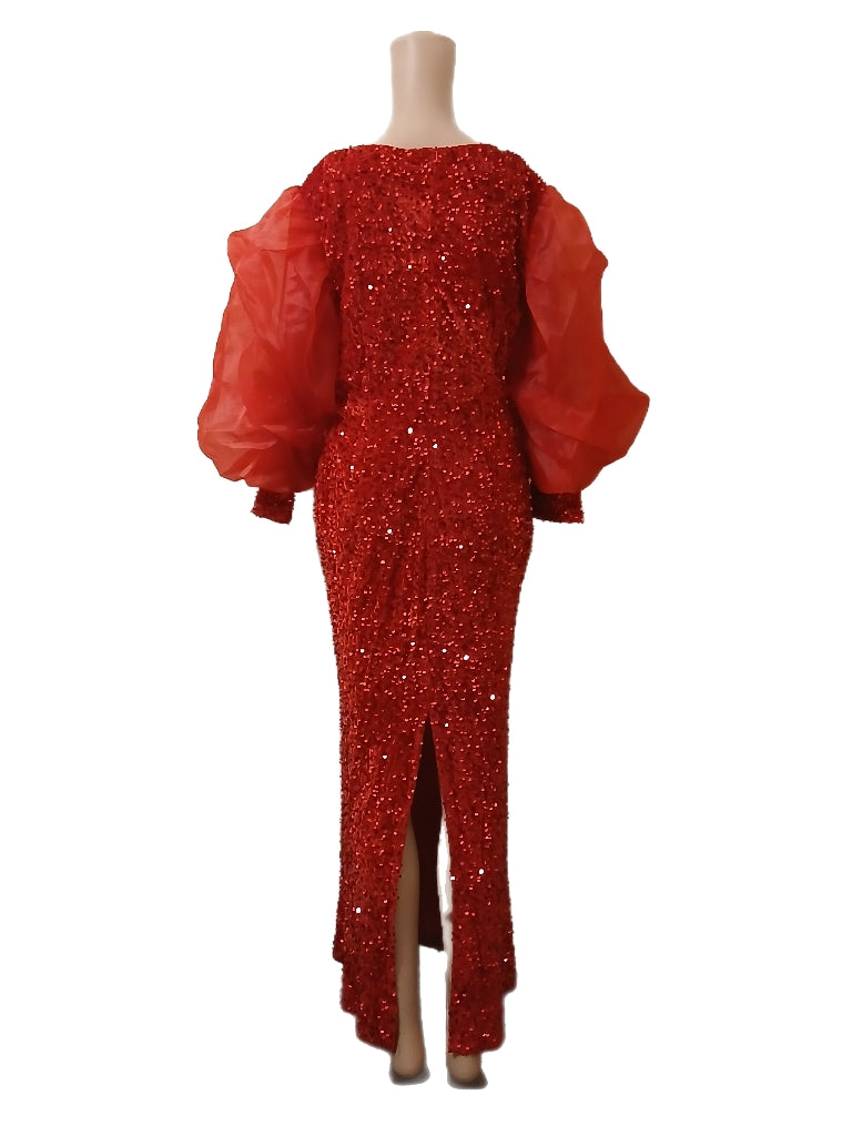 Elegant Red Maxi Sequin Dress with Ruffled Sleeves