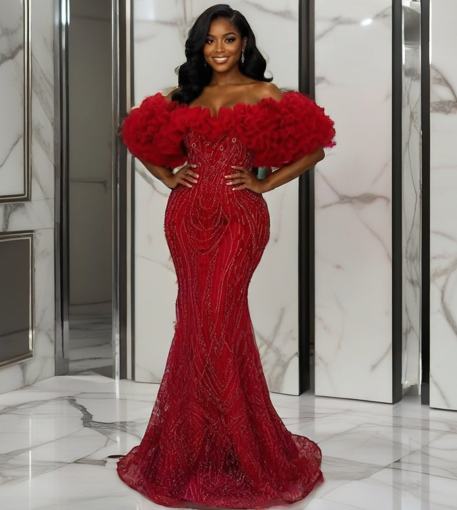 Off-the-Shoulder Ruffle Mermaid Gown – Made to Order