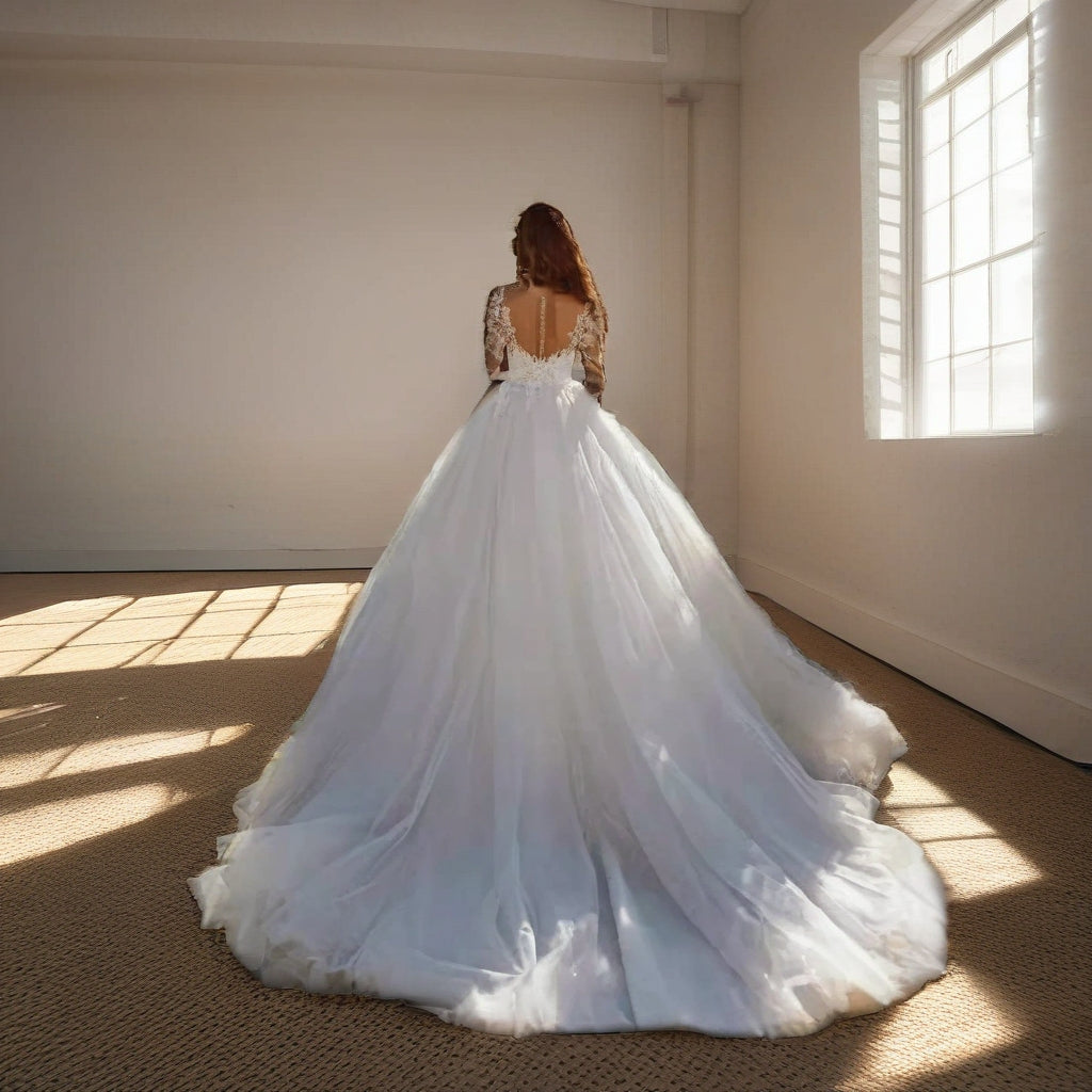 Sheer Lace Long Sleeve Ball Gown Plus Size Wedding Dress