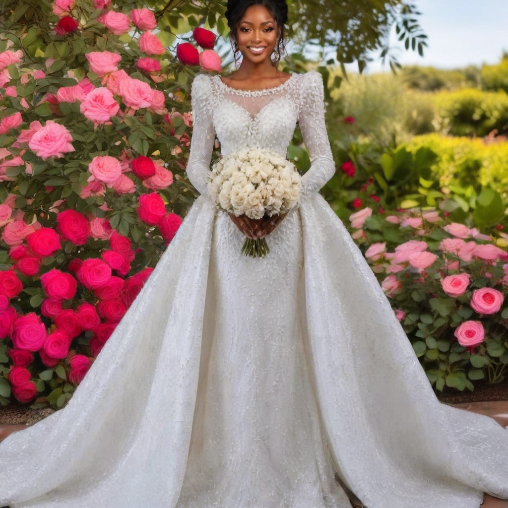 Luxury Pearl Beaded White Sheath Ball Gown Vintage Royal Wedding Dress