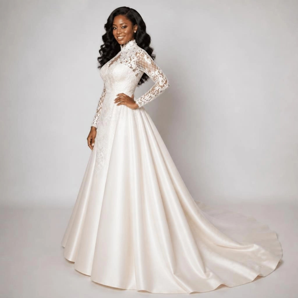 High Neck Lace Long Sleeve Plus Size Wedding Gown with Detachable lace Train